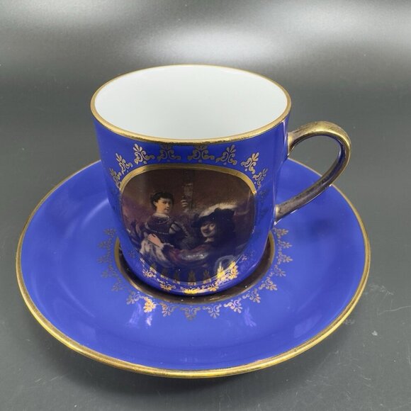 Kuba Bavaria Cobalt Blue Portrait Teacup And Saucer Set Germany Gold Edges VTG - Picture 11 of 16